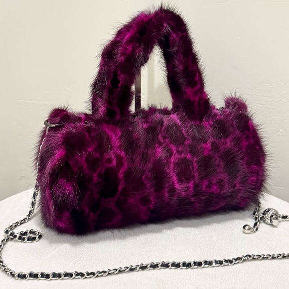 Leopard Real Mink Fur Handmade Fur Handles Barrel Bag/Shoulder Bag/Crossbody Bag - Picture 9 of 16